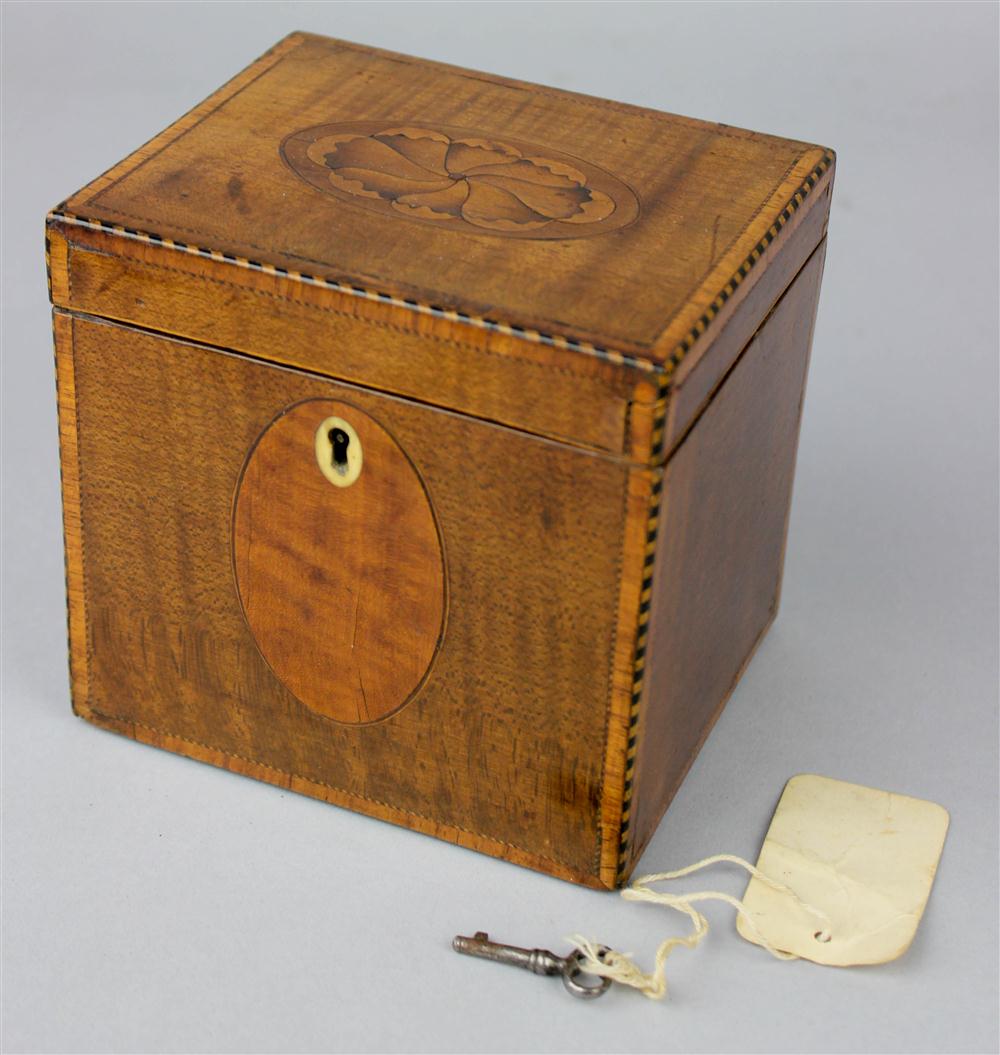 Appraisal: GEORGE III MARQUETRY TEA CADDY late th C the hinged