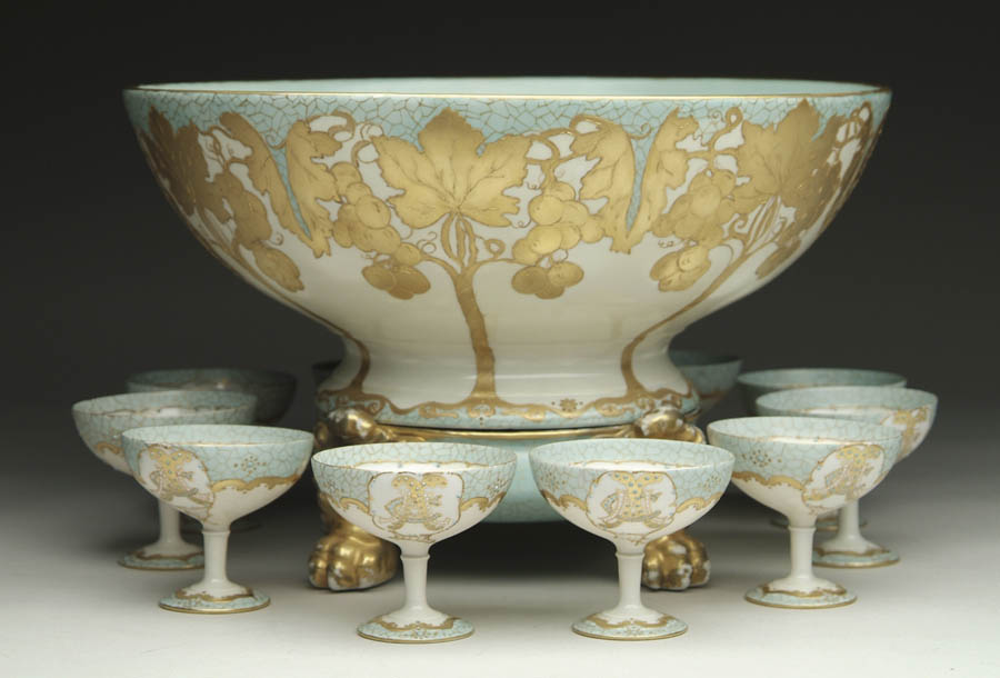 Appraisal: TWELVE PIECE HAND PAINTED LIMOGES PUNCHBOWL SET The piece is