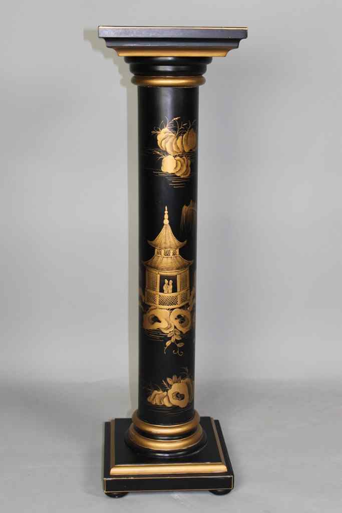 Appraisal: CHINOISERIE DECORATED BLACK PAINTED PEDESTAL With square top above the