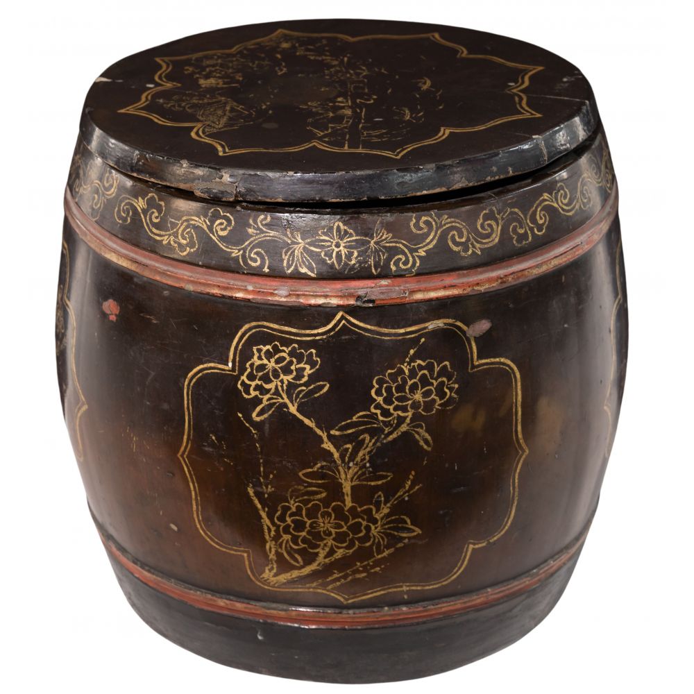 Appraisal: CHINESE LACQUERED AND PAINTED WOOD GARDEN STOOLBarrel having finish covering