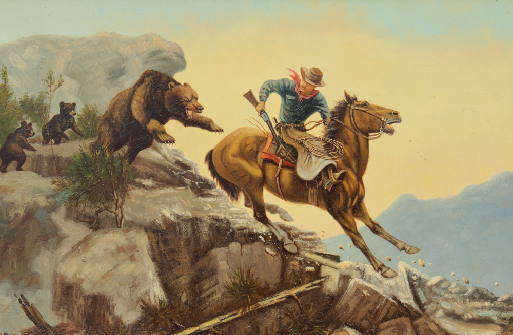 Appraisal: UNSIGNED WESTERN ILLUSTRATION PAINTING WITH GRIZZLIES Oil Wood '' x