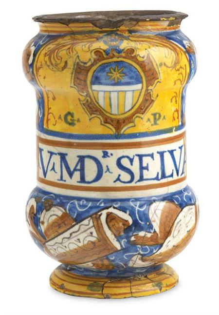 Appraisal: A th century Italian maiolica armorial albarello dated Possibly from