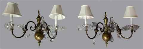 Appraisal: PAIR OF BRASS AND CRYSTAL DOUBLE ARM SCONCES h w