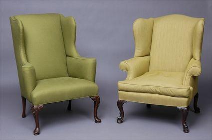 Appraisal: PAIR OF QUEEN ANNE-STYLE UPHOLSTERED ARMCHAIRS Each with slight serpentine