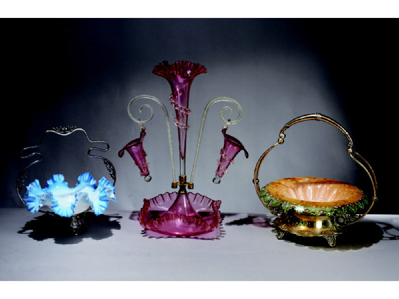 Appraisal: VICTORIAN BLOWN GLASS EPERGNE Cranberry and clear glass in the