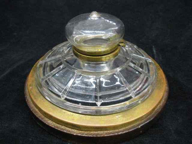 Appraisal: Antique Inkwell glass brass on wooden base '' diameter