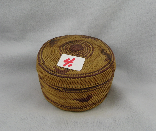 Appraisal: MAKAH-NOOTKA LIDDED TRINKET BASKET woven with stylized canoe with figures