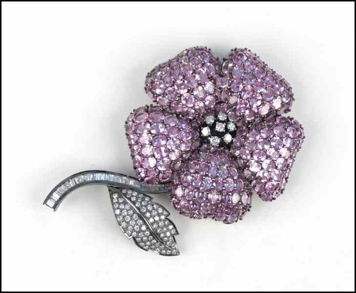 Appraisal: PINK SAPPHIRE DIAMOND AND KARAT GOLD FLOWER CLIP BROOCH ''