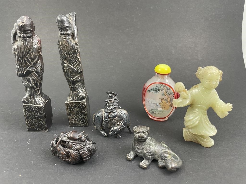 Appraisal: Lot of seven small figures hardstone glass and metal heights