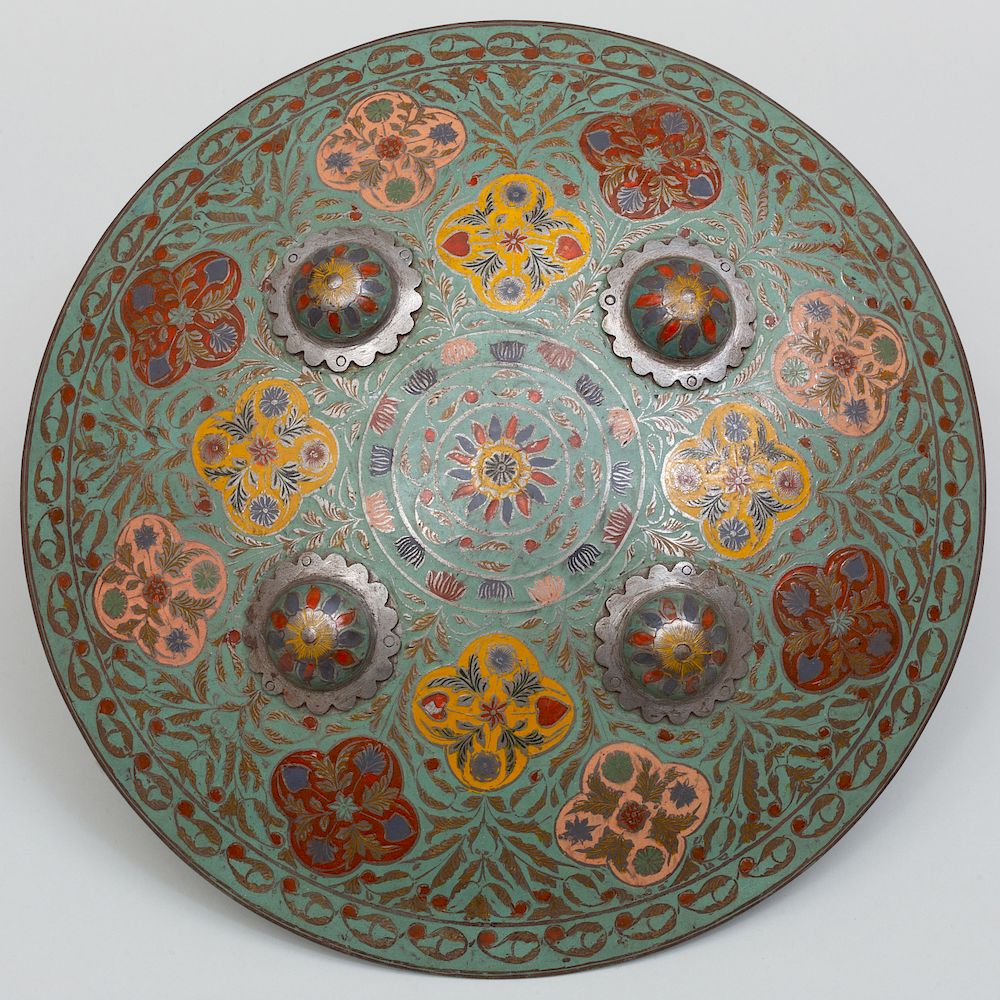 Appraisal: Indian Cloisonn Enamel Shield Fitted with fabric and metal handle