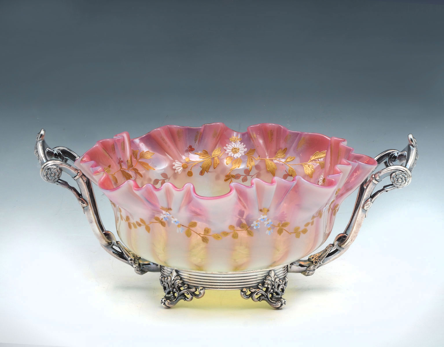 Appraisal: RUBINA VASELINE GLASS BRIDAL BOWL BASKET Rubina vaseline glass bowl