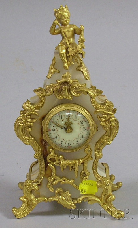 Appraisal: Swiss Louis XV Style Miniature Alabaster Clock with gilt-brass mounts