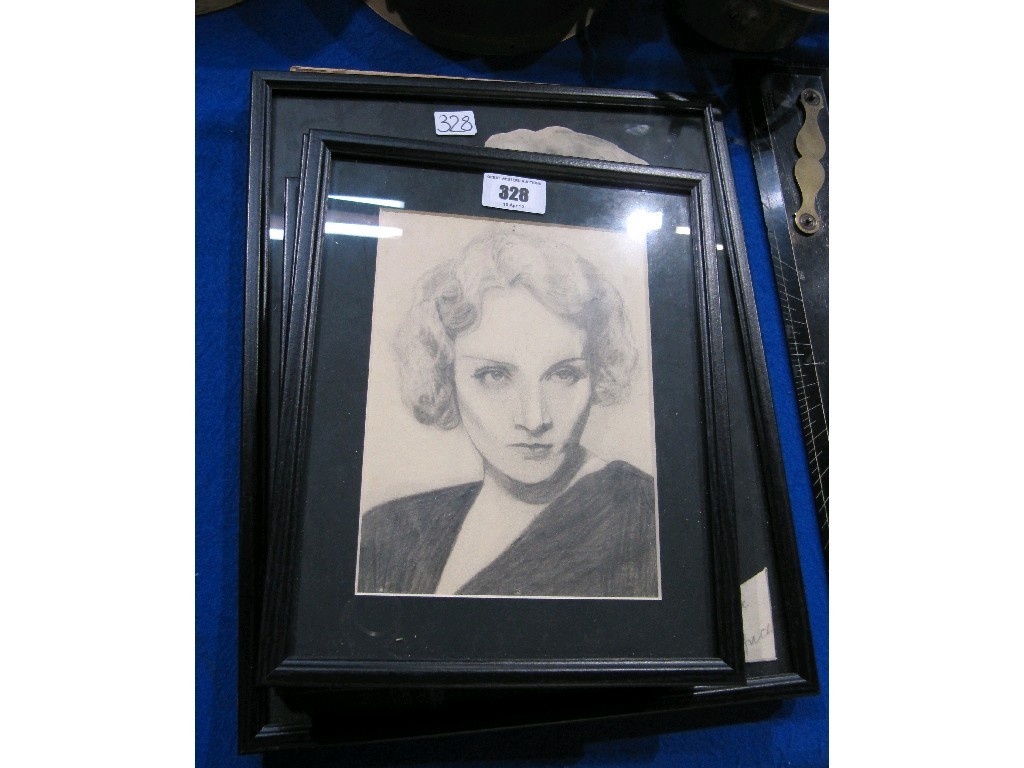 Appraisal: Lot comprising five framed pencil portraits of Marlene Dietrich and