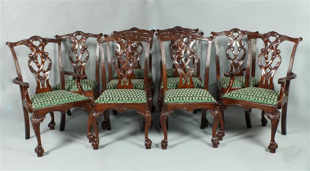 Appraisal: SET OF TEN CHIPPENDALE STYLE CARVED MAHOGANY DINING CHAIRS including