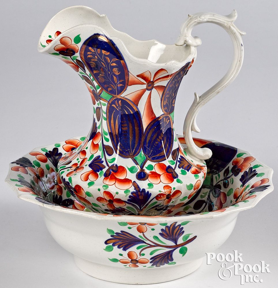 Appraisal: Gaudy Welsh pitcher and basin h Gaudy Welsh pitcher and