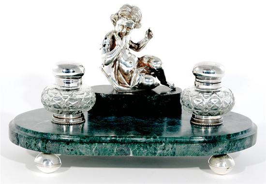 Appraisal: French style silverplate and marble figural inkstand H W D