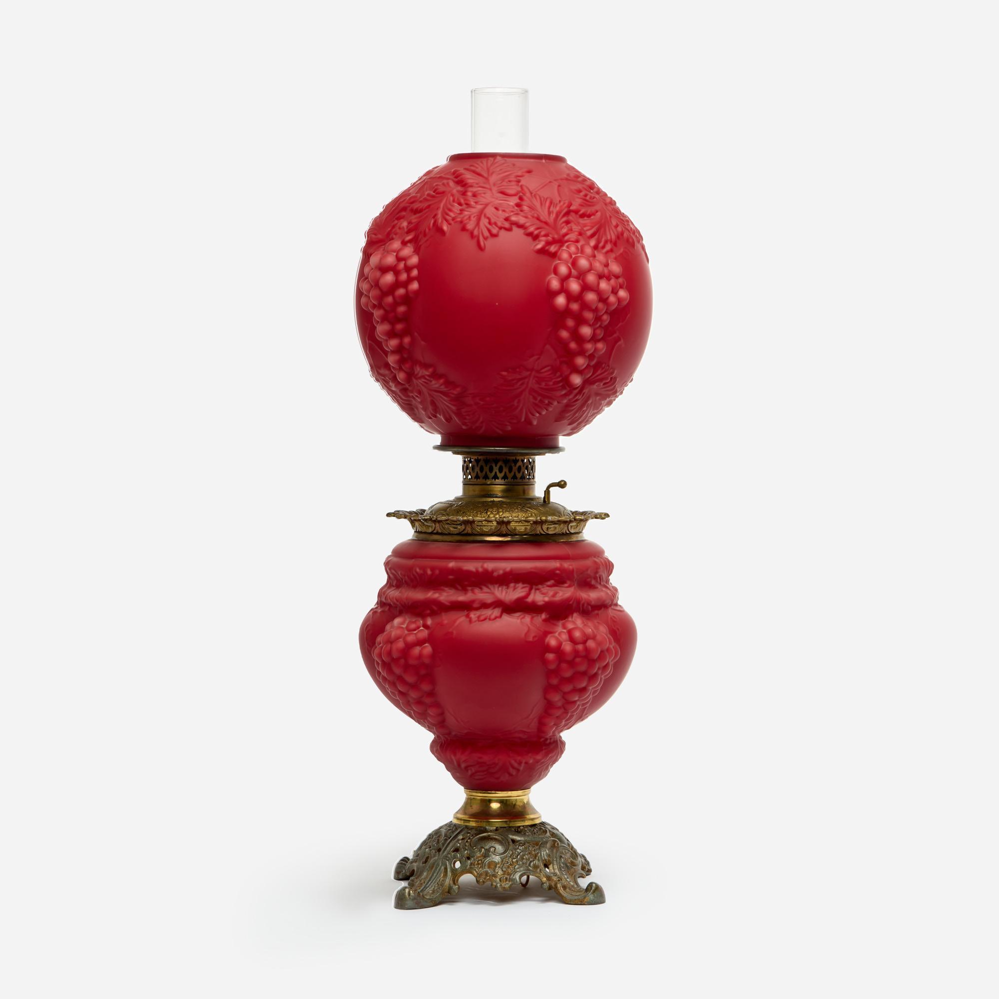 Appraisal: GONE WITH THE WIND RED SATIN GLASS LAMP ELECTRIFIED An