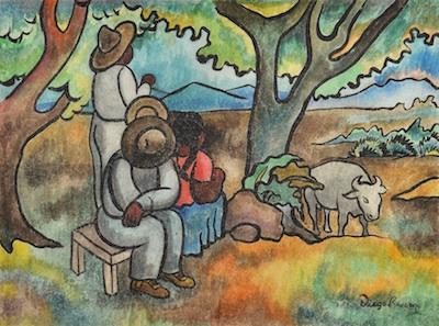 Appraisal: Watercolor Signed Diego Rivera Peasant Family Watercolor on tissue paper