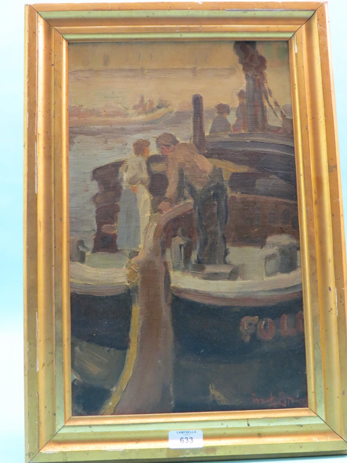 Appraisal: An oil on panel - barge with figures bearing a