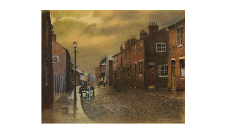 Appraisal: Tom Brown Framed Pastel Street Scene Showing Terraced Houses Rag