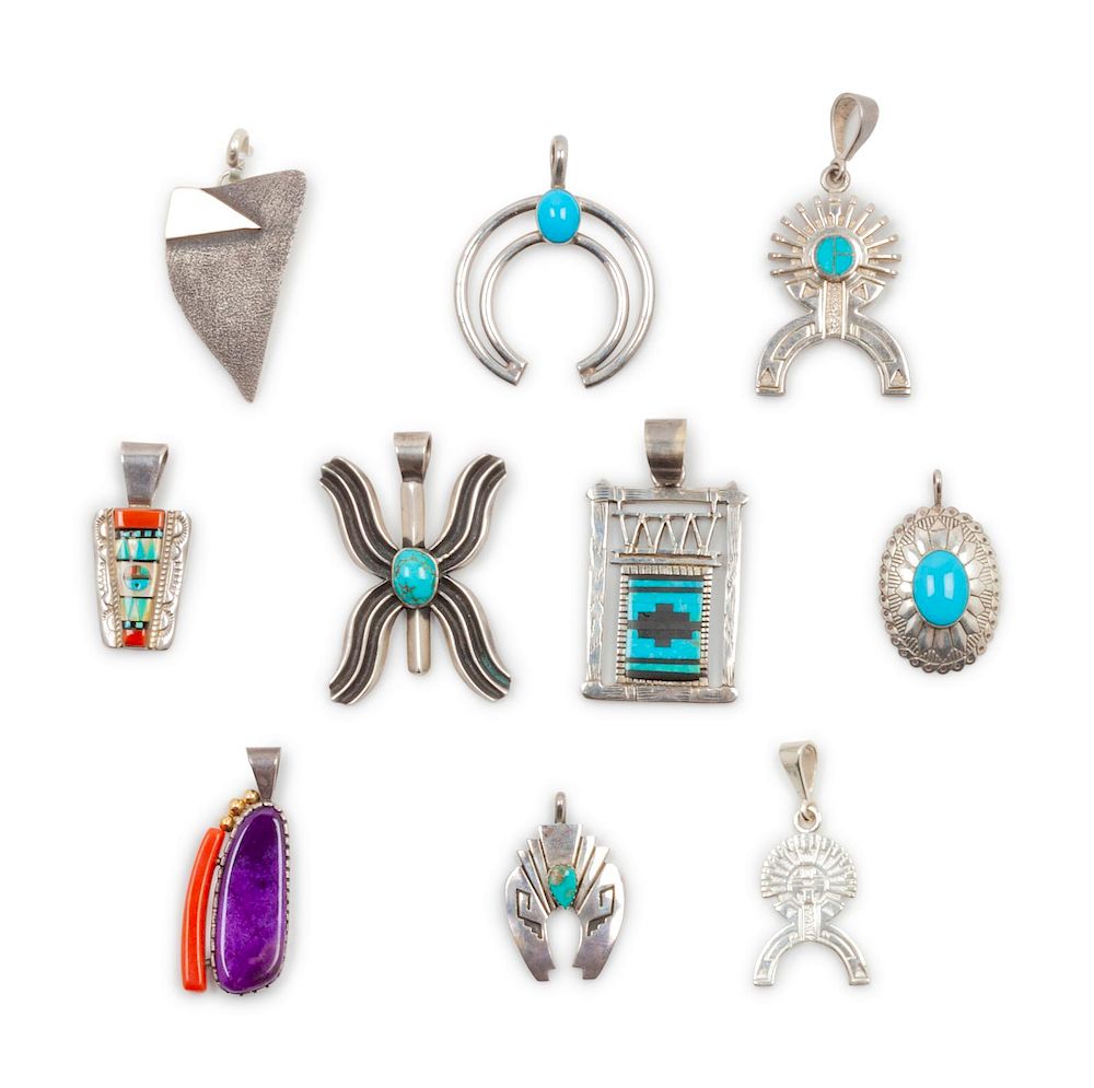 Appraisal: Ten Southwestern Sterling Silver Pendants Ten Southwestern Sterling Silver Pendantsone