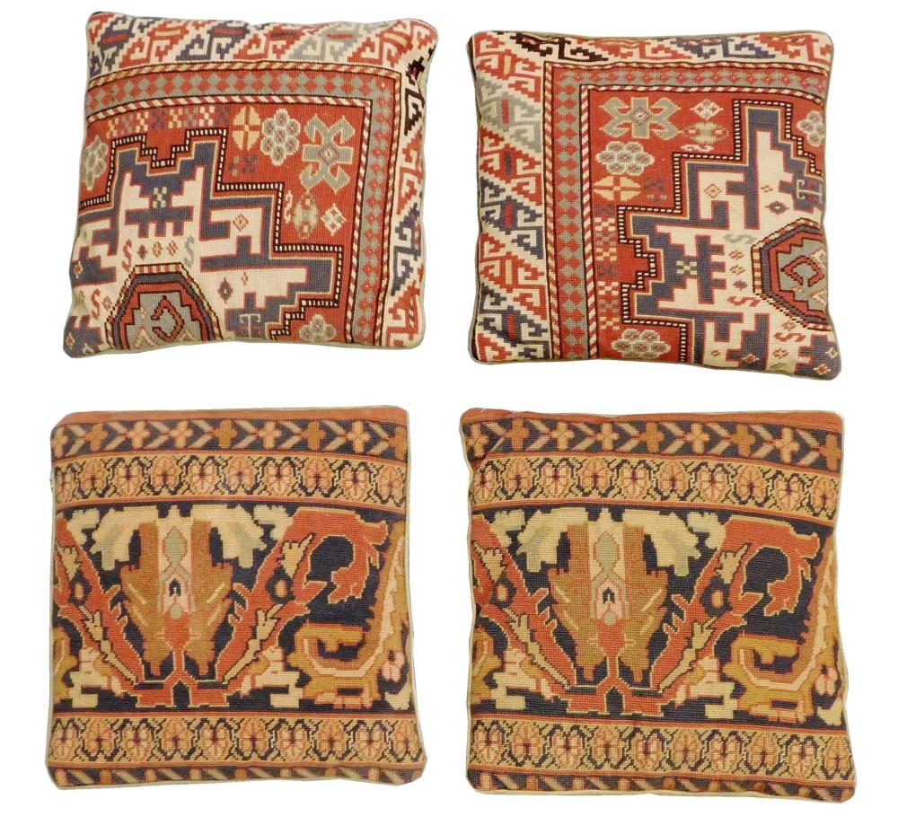 Appraisal: TEXTILES Four rug fragment pillows with latch hook designs two