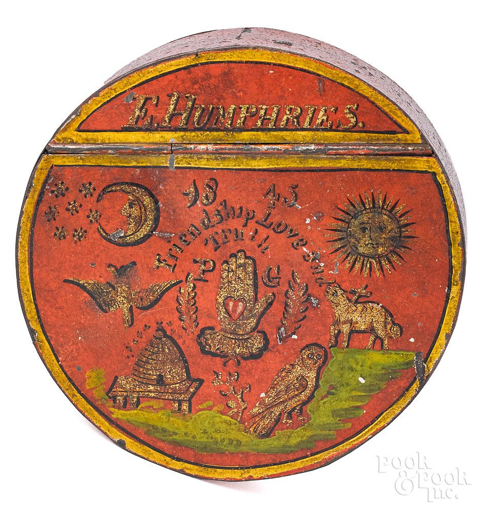 Appraisal: Painted tole snuff box with Odd Fellows symbols Painted tole