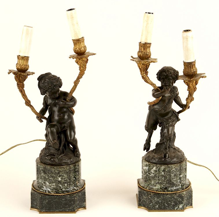 Appraisal: LATE TH C PAIR BRONZE FIGURAL LAMPS MARBLE BASE A