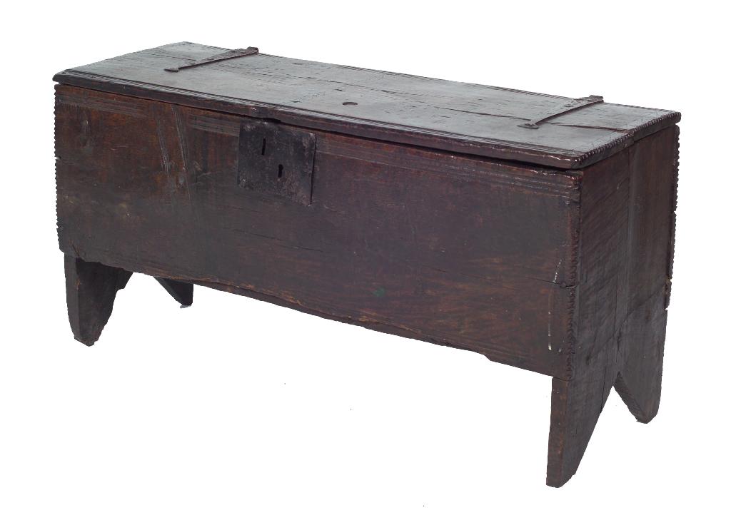 Appraisal: FOUR PLANK OAK COFFER th century with original iron strap