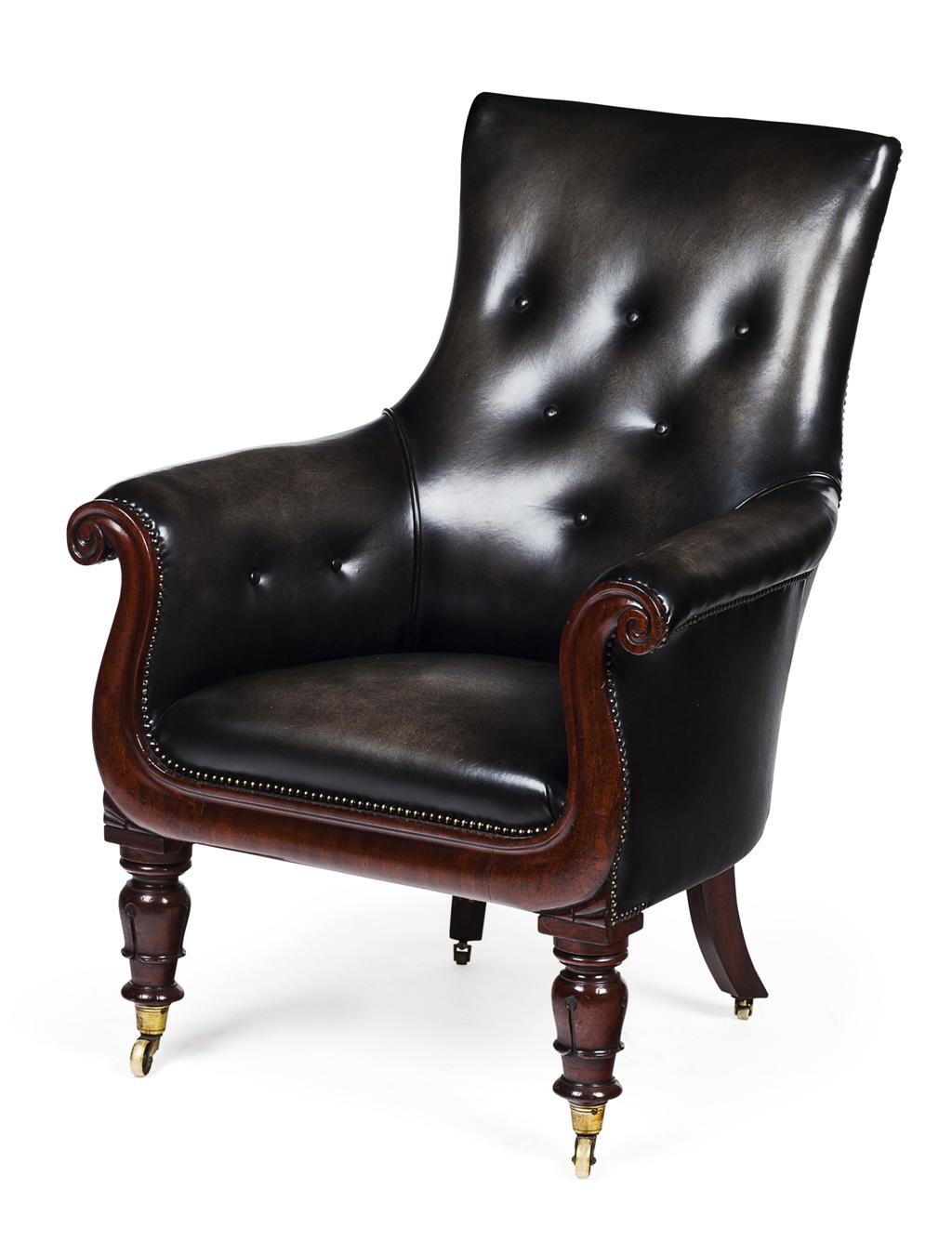 Appraisal: WILLIAM IV MAHOGANY AND LEATHER LIBRARY ARMCHAIR CIRCA the button