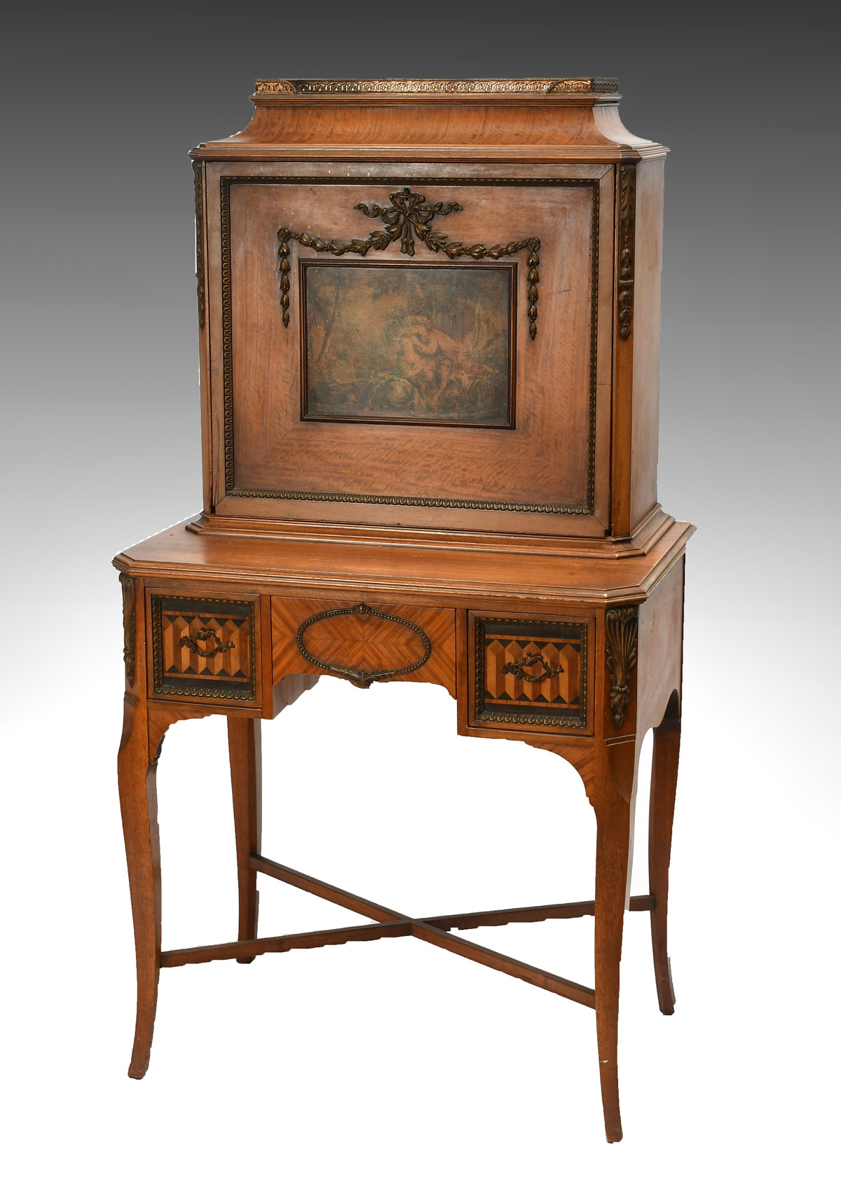 Appraisal: DIMINUITIVE INLAID SECRETARY DESK Gallery top secretary desk having a