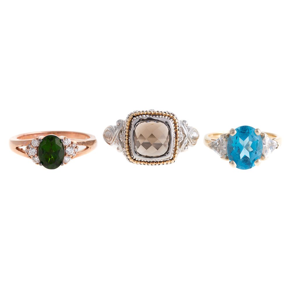 Appraisal: A Trio of Ladies Gemstone Rings in Gold K rose