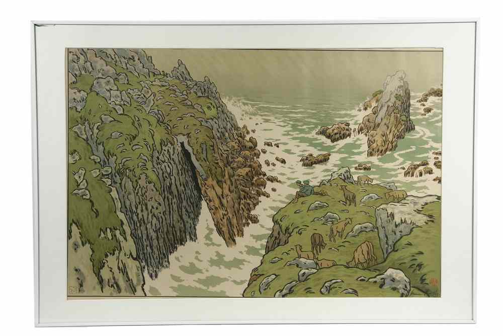 Appraisal: LARGE COLOR WOODBLOCK - Brabant France Coastal Scene with shepherds