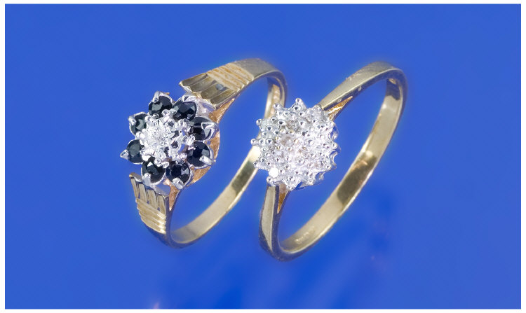 Appraisal: Two ct Gold Diamond Cluster Rings Comprising Diamond And Sapphire