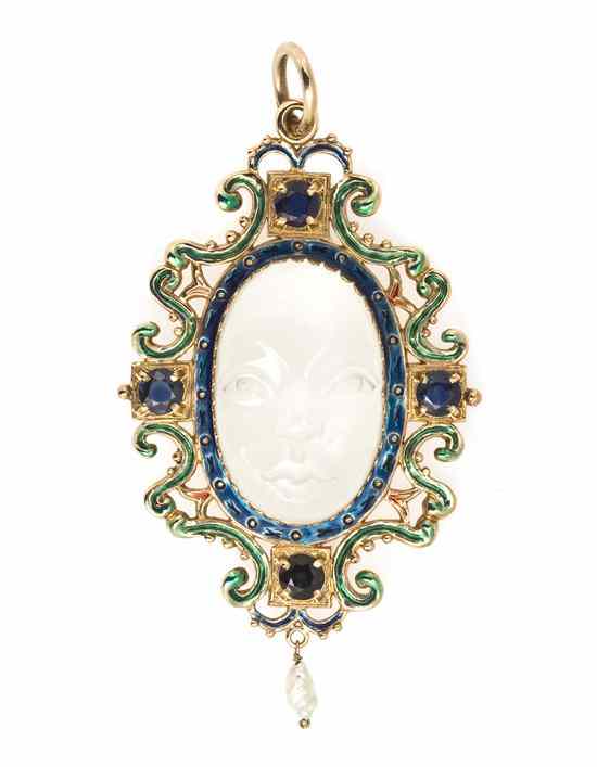 Appraisal: A Karat Yellow Gold Moonstone Sapphire Pearl and Polychrome Enamel