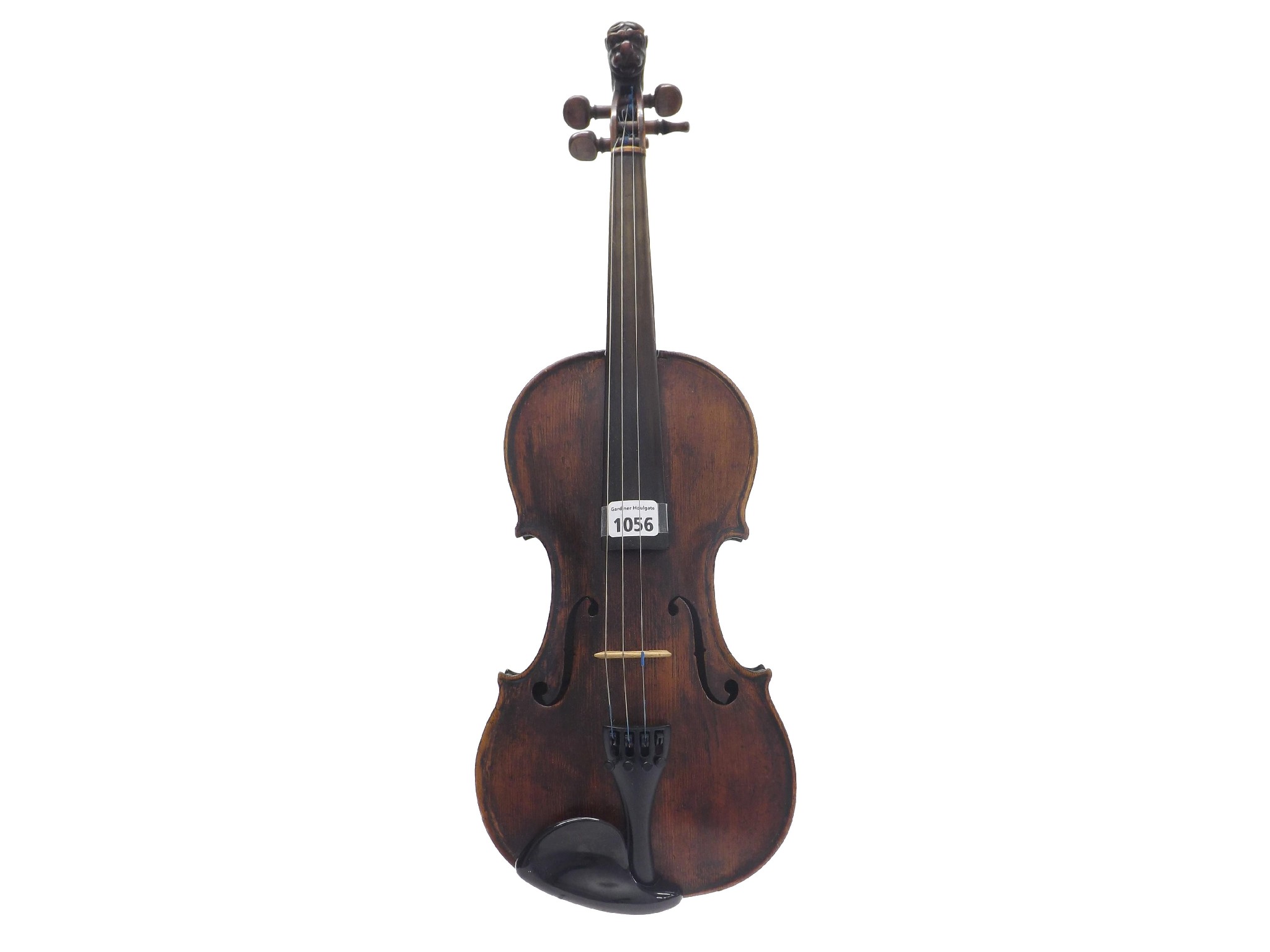 Appraisal: th century violin with carved lion heads scroll in need