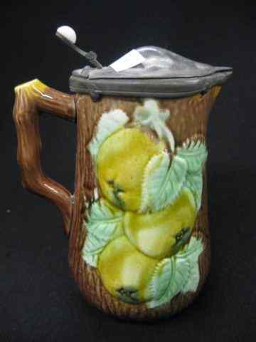 Appraisal: Majolica Pottery Syrup Pitcher pear decor hinged pewter lid ''