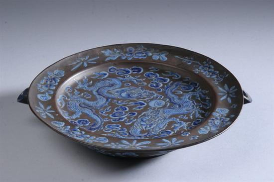 Appraisal: CHINESE YIXING HOT WATER PLATE With blue enamel floral decoration