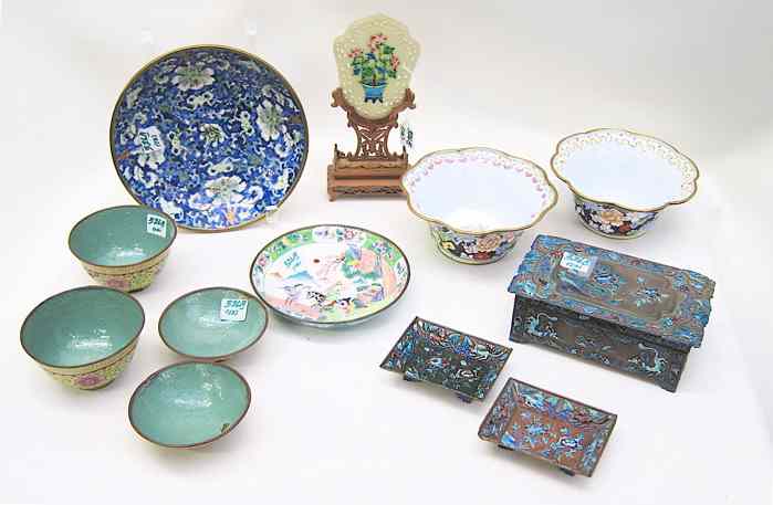 Appraisal: TWELVE COLLECTIBLE PIECES ORIENTALIA eleven are Chinese-pair enameled '' diameter