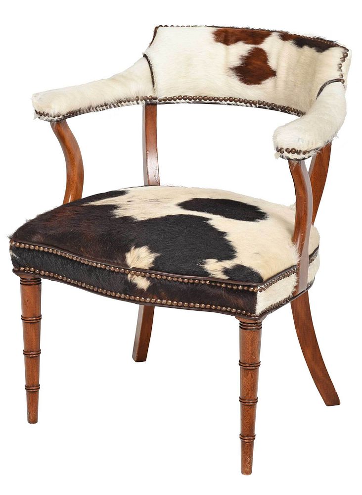 Appraisal: Regency Style Cowhide Upholstered Open Armchair th century mahogany frame