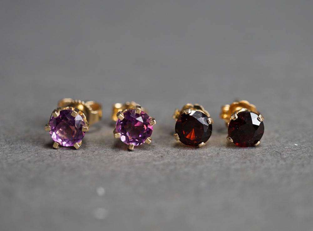 Appraisal: PAIR OF -KARAT YELLOW-GOLD AND GARNET PIERCED EARRINGS AND A