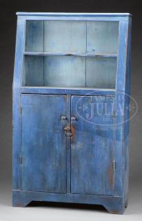 Appraisal: ARCHITECTURAL CANT-BACK OPEN-TOP CUPBOARD IN BLUE PAINT Second quarter th