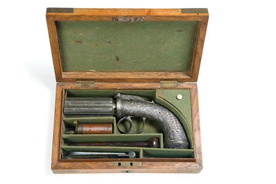 Appraisal: CASED AND ENGRAVED PEPPERBOX PISTOL England ca - Elaborate scroll