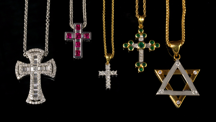 Appraisal: Eighteen-Karat Yellow Gold Emerald and Diamond Cross and Chain the