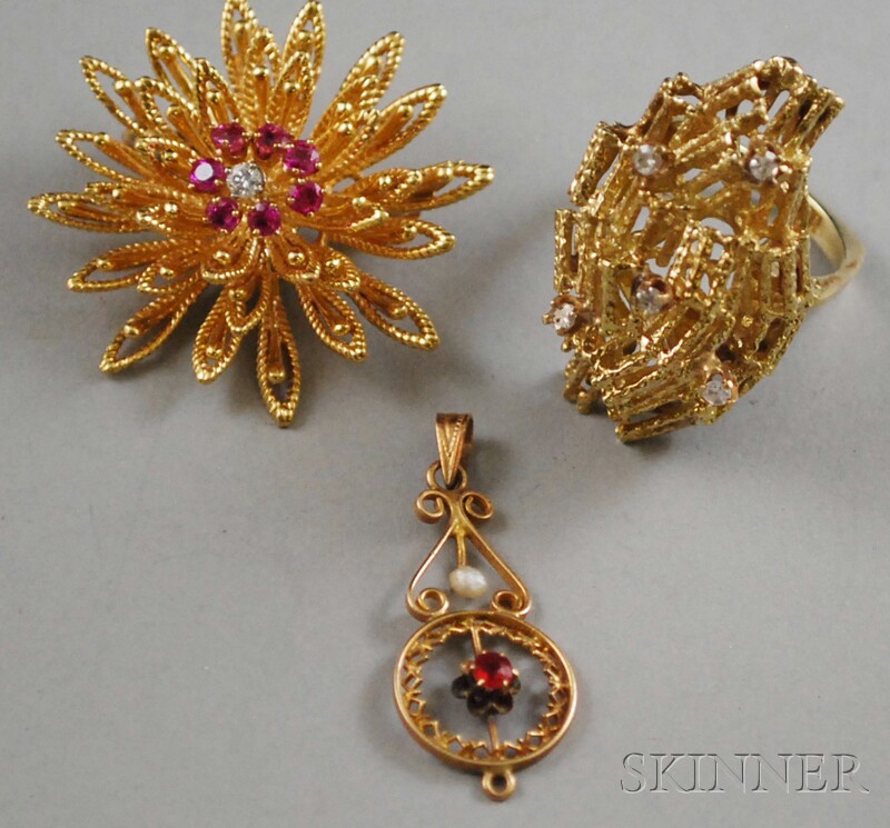 Appraisal: Three Gold Gem-set Jewelry Items an kt gold pink gemstone