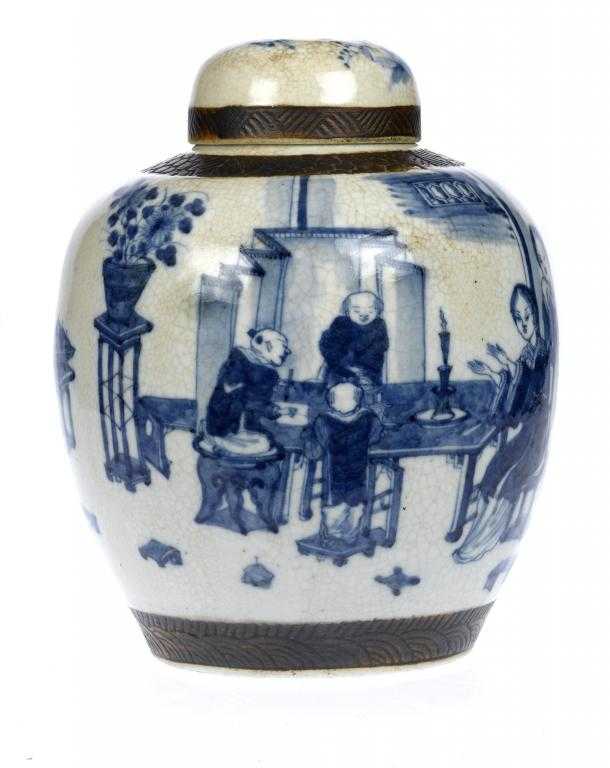 Appraisal: A CHINESE BLUE AND WHITE CRACKLE GLAZED JAR AND COVER