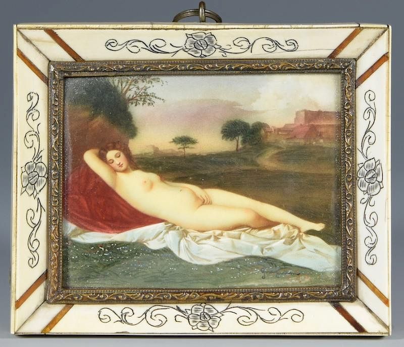 Appraisal: Miniature painting nude in landscape Miniature painting rectangular watercolor on