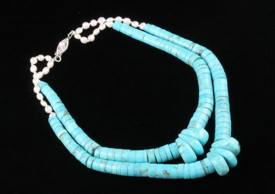 Appraisal: TURQUOISE HEISHA BEAD AND FRESH WATER PEARL GRADUATED DOUBLE-STRAND CHOKER