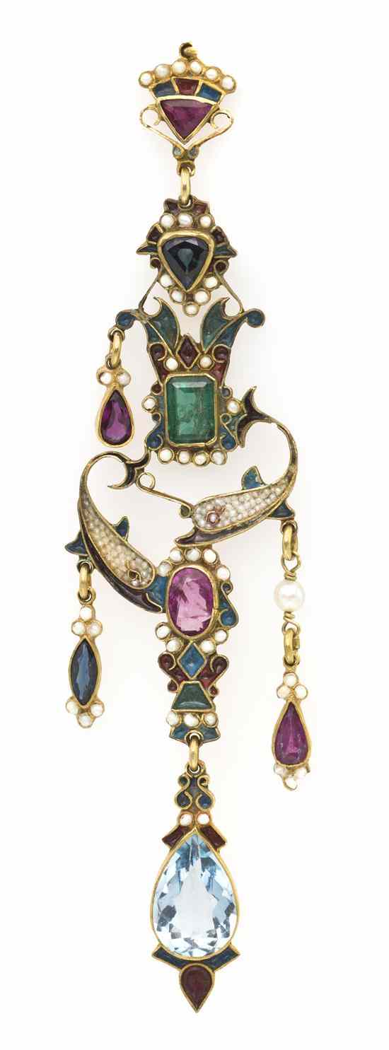 Appraisal: An Antique Polychrome Enamel Pearl and Multi Gem Lavalliere in