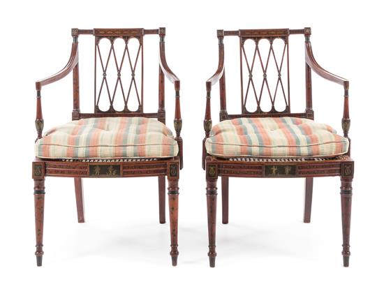 Appraisal: Sale Lot A Pair of Sheraton Style Painted Mahogany Armchairs